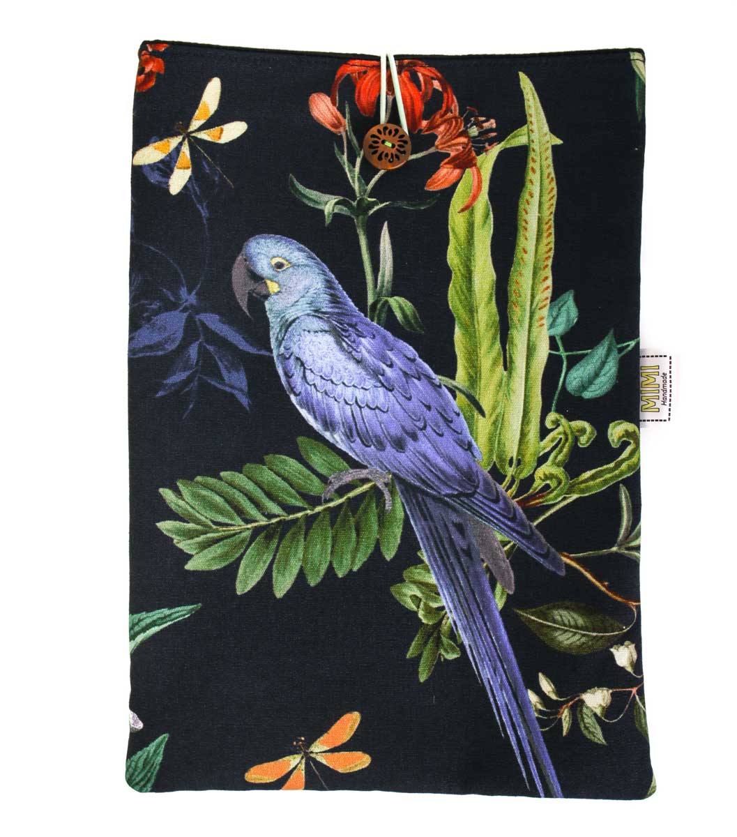 Book pouch with a blue parrot and floral design on a black background