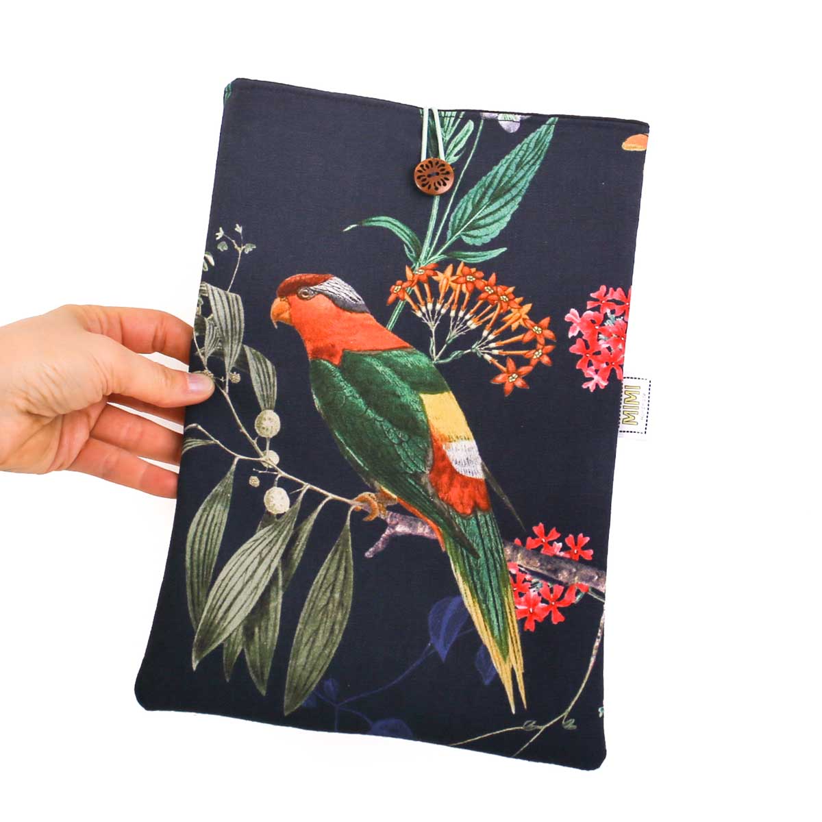 book-sleeve-black-green-parrot-mimi-handmade-australia