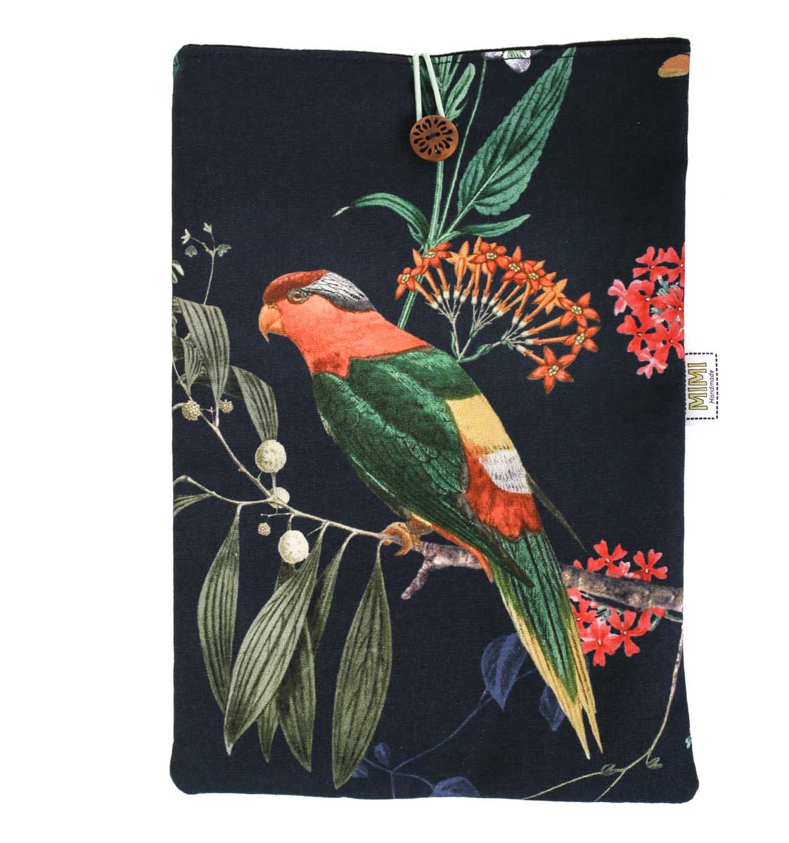 book-sleeve-black-parrot-floral-print-mimi-handmade-australia