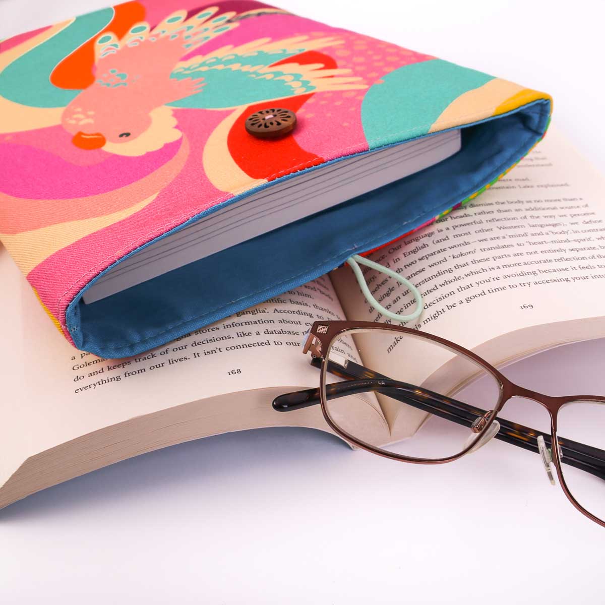 book-sleeve-padded-button-closure-colourful-parrots-mimi-handmade-australia