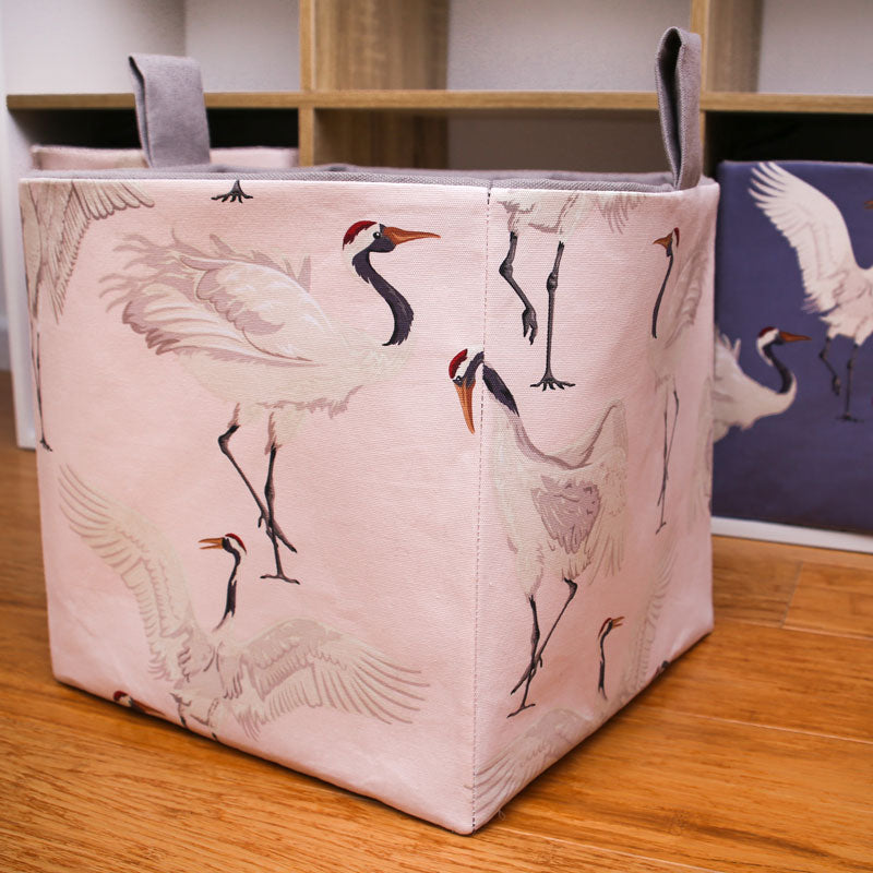 Cube Basket With Crane Birds Pastel Pink DANCING CRANES