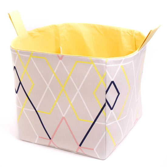 large-yellow-and-beige-geometrical-square-storage-basket-with-handles-for-cube-shelves-mimi-handmade-australia