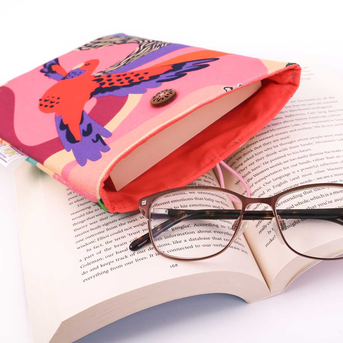 padded-book-sleeve-button-closure-colourful-parrots-ellie-whittaker-fabric-mimi-handmade-australia