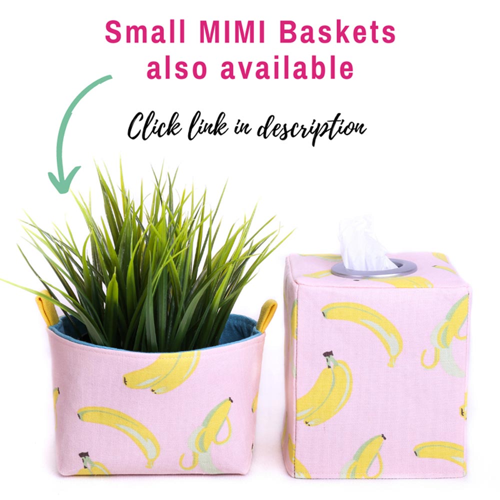 pink-banana-square-tissue-box-cover-next-to-pink-banana-fabric-storage-basket-by-MIMI-Handmade-Australia