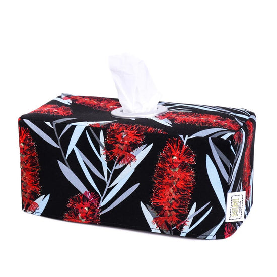 rectangular-black-tissue-box-cover-featuring-red-banksia-flowers-Australiana-native-flowers-homeware