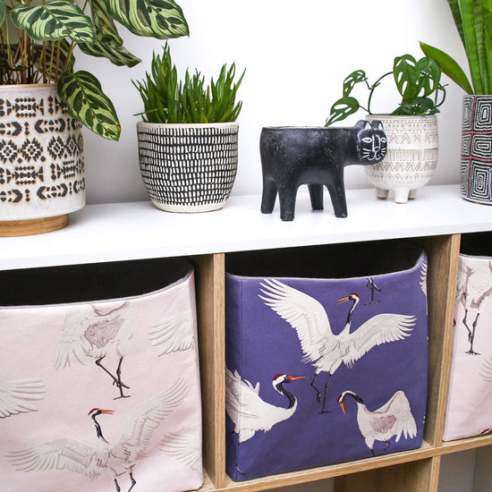 foldable-storage-cube-baskets-for-kallax-shelves-pink-purple-dancing-cranes-heron-home-decor-mimi-handmade
