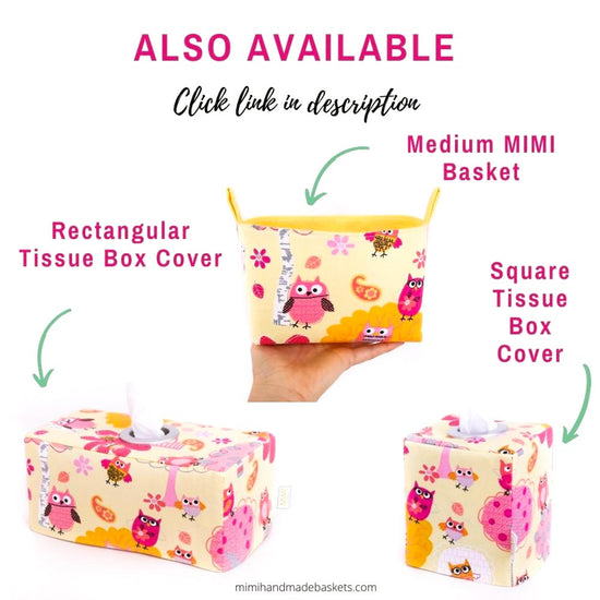 woodland-animals-decor-tissue-box-covers-for-kids-storage-baskets-yellow-pink-owls-mimi-handmade-australia