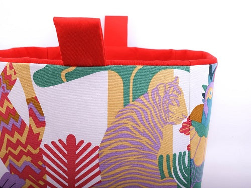 closeup of red handles and tiger print on cube storage basket by MIMI Handmade