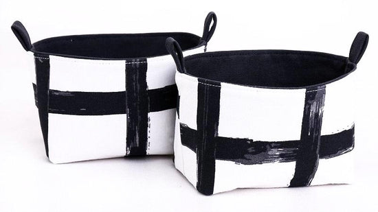 Set of 2 small black & white storage baskets, monochrome fabric grid pattern