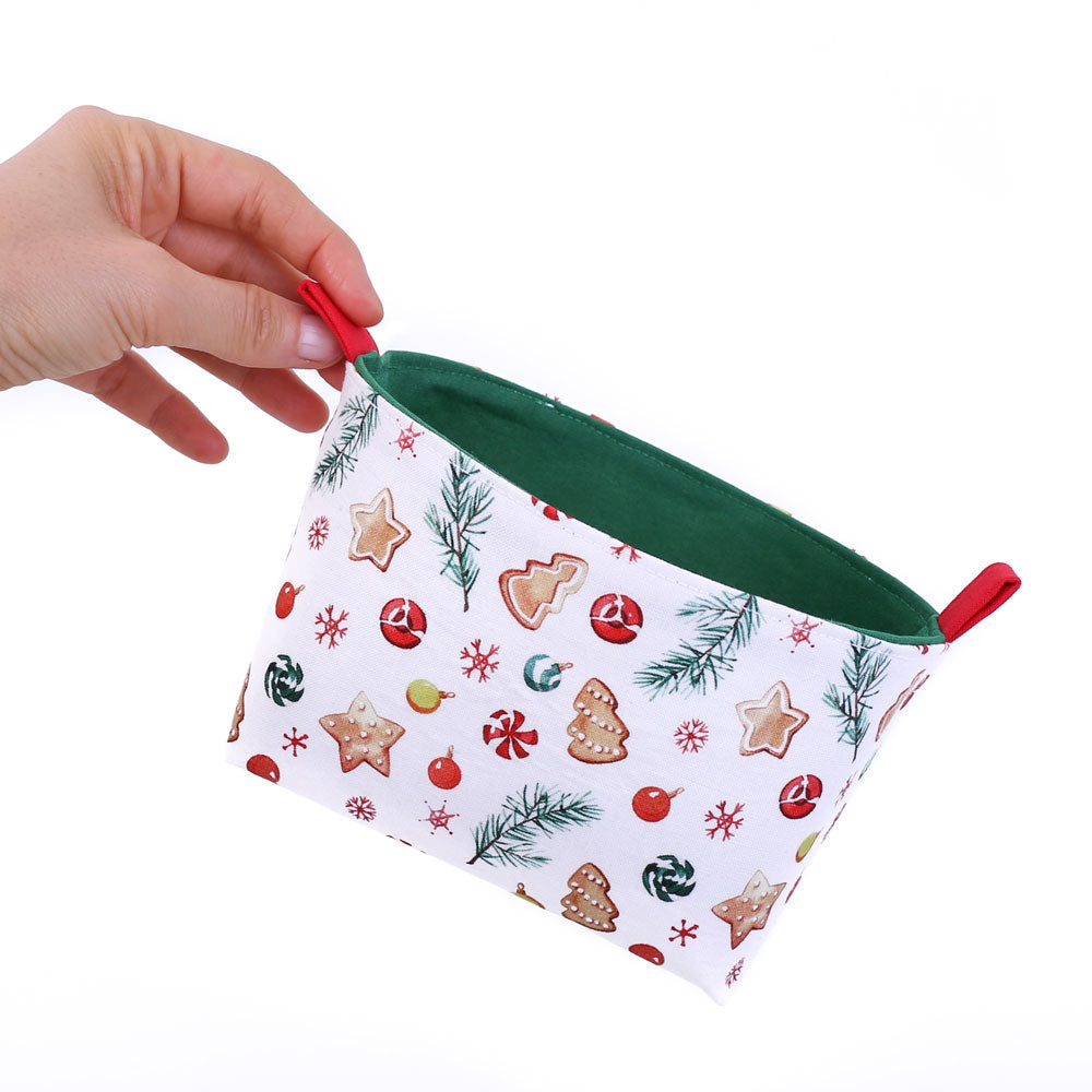 mini-fabric-decorative-Christmas-basket-in-white-and-green-featuring-Christmas-cookies-fabric-pattern