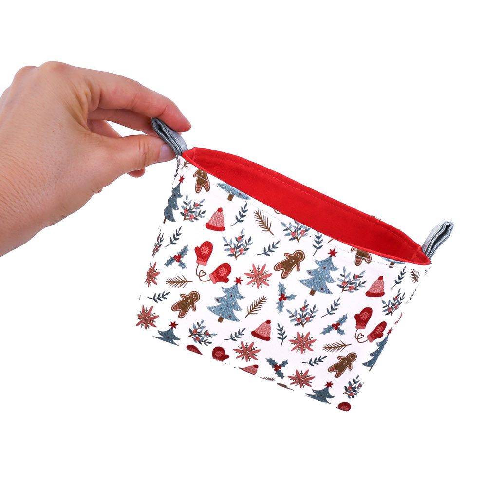 mini-fabric-decorative-Christmas-basket-in-white-and-red-with-sage-handles-featuring-gingerbread-men-and-Xmas-trees