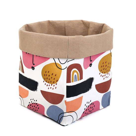 large-muted-rainbow-storage-basket-featuring-boho-fabric-pattern-with-pink-blue-and-black-geometric-shapes-and-beige-lining