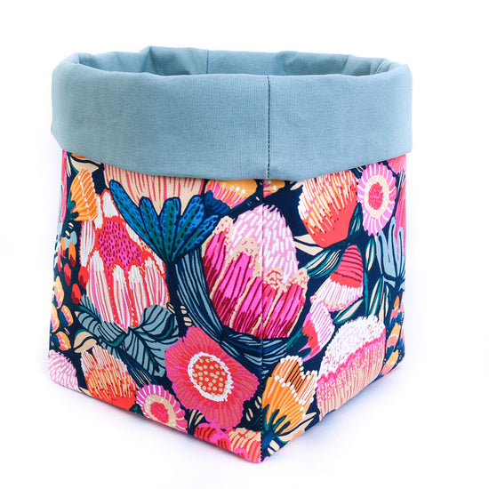 pink-protea-blossom-fabric-reversible-storage-basket-sage-lining hand made by MIMI Handmade Baskets Australia