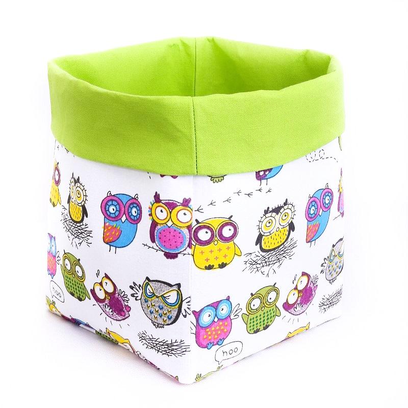 green foldable owl reversible storage basket bag for kids by MIMI Handmade