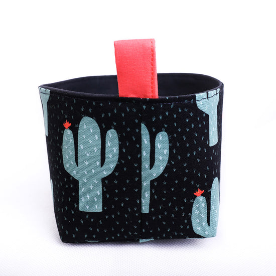 side view-black-and-sage-green-cactus-storage-decorative-basket-by-MIMI-Handmade