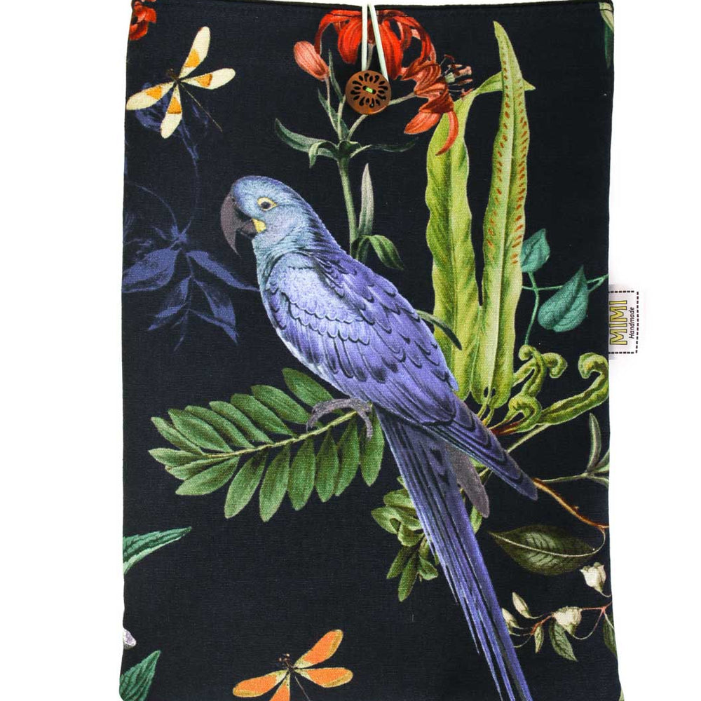 
                  
                    Book pouch with a blue parrot and floral design on a black background
                  
                