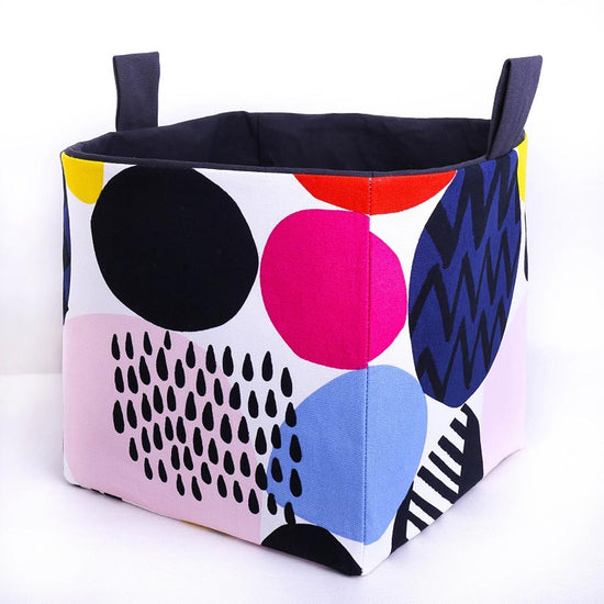 large cube handmade fabric storage basket for Ikea Kallax cube shelves featuring colourful pop of colour geometric fabric pattern - handmade in Australia by MIMI Handmade