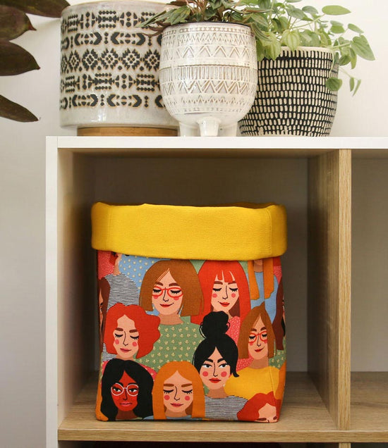 Load image into Gallery viewer, colourful-storage-basket-for-shelves-women-faces-mimi-handmade
