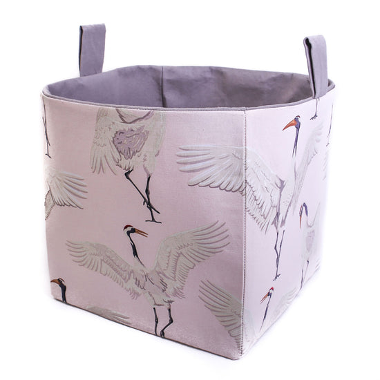 Load image into Gallery viewer, dancing-cranes-cube-basket-pastel-pink-grey-cotton
