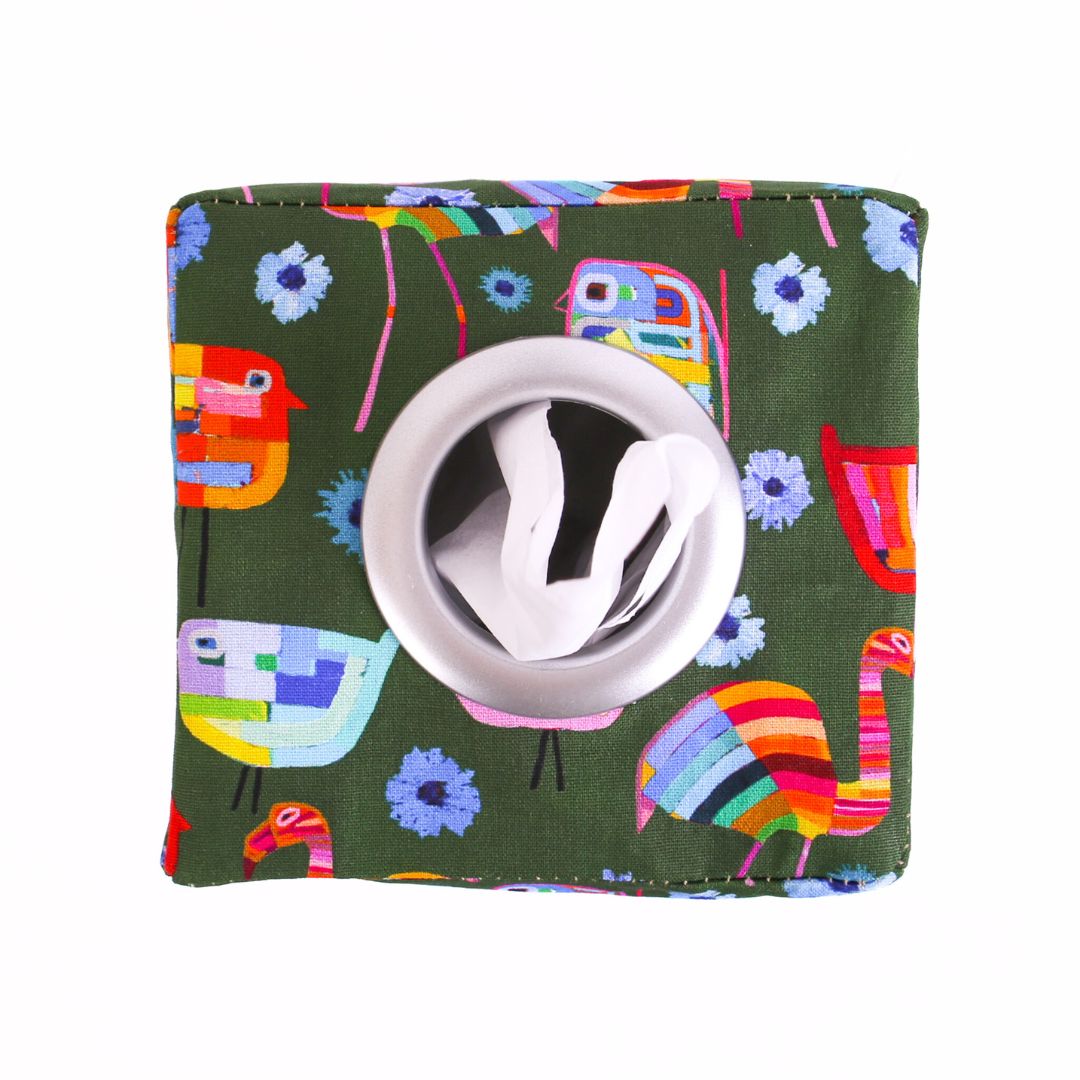 green-tissue-box-cover-colourful-bird-flowers-pattern-mimi-handmade-australia