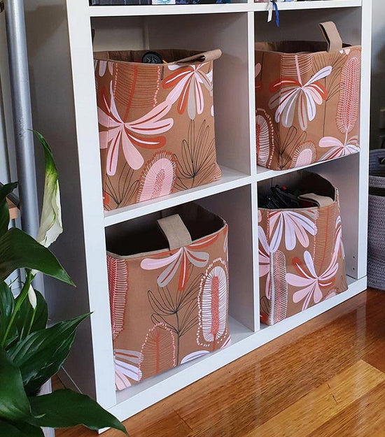 ikea-kallax-storage-cube-baskets-27cm-pink-beige-banksia-floral-print-australiana-gifts-mimi-handmade-australia
