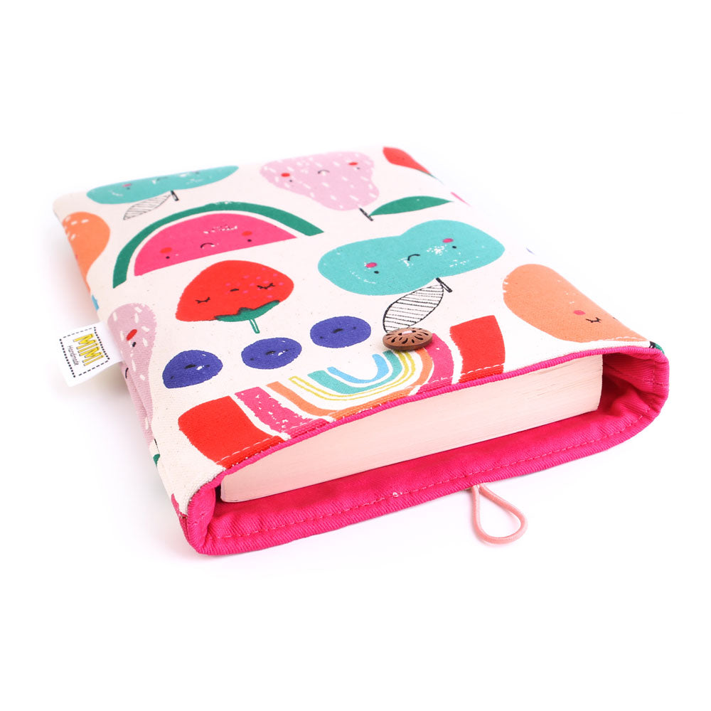 padded-book-sleeve-paperback-cover-smiling-fruit-pattern