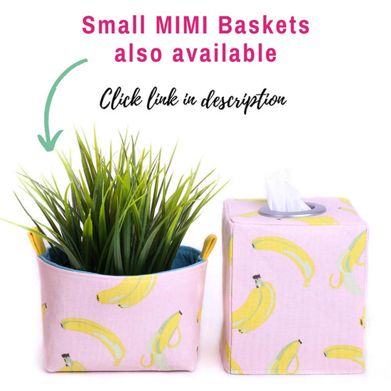 Load image into Gallery viewer, pink-banana-square-tissue-box-cover-next-to-pink-banana-fabric-storage-basket-by-MIMI-Handmade-Australia
