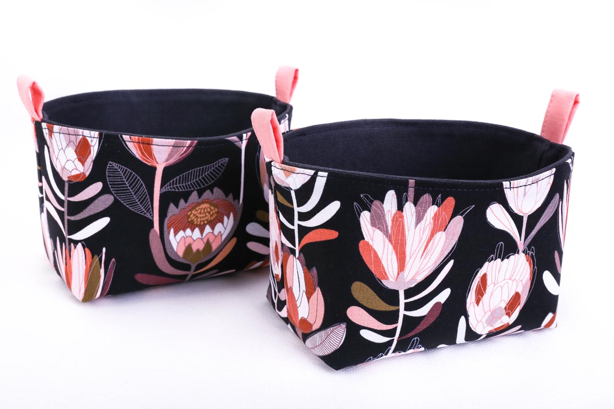 small-storage-baskets-black-pink-protea-print-australiana-gifts-mimi-handmade-australia