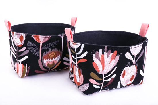 small-storage-baskets-black-pink-protea-print-australiana-gifts-mimi-handmade-australia