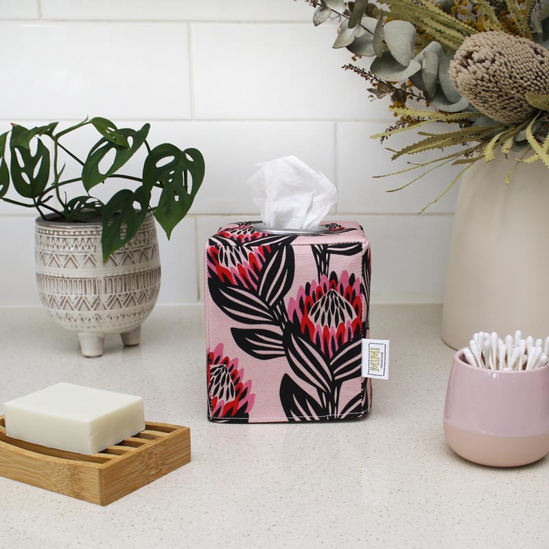 square-tissue-box-cover-bathroom-pink-protea-print-australiana-gifts-mimi-handmade-australia