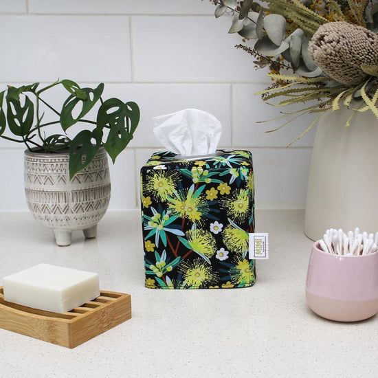 Load image into Gallery viewer, square-tissue-box-cover-bathroom-yellow-flowering-gum-print-australiana-gifts-mimi-handmade-australia
