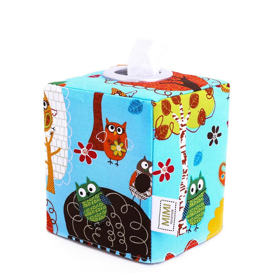 Load image into Gallery viewer, square-tissue-box-cover-for-kids-blue-owls-woodland-animals-nursery-decor-mimi-handmade-australia
