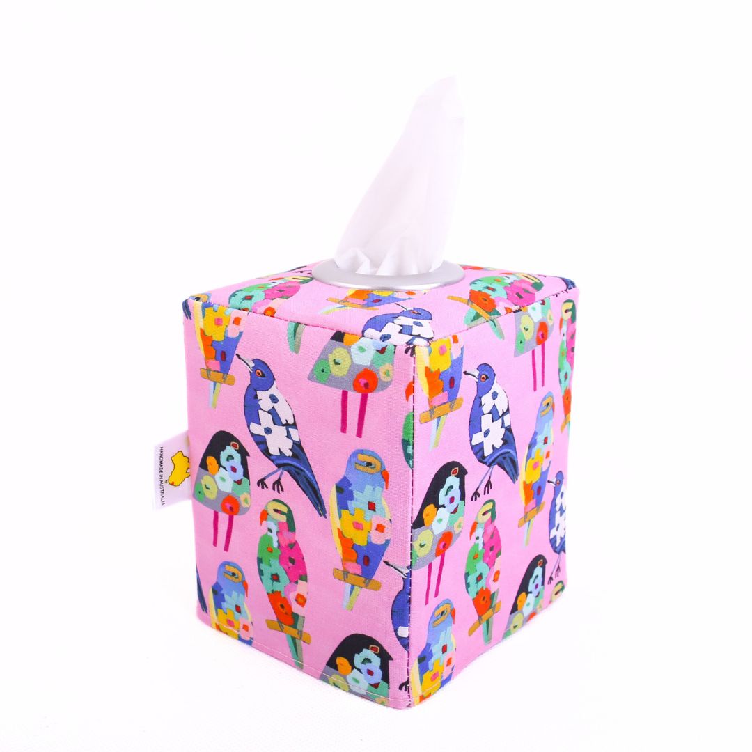 square-tissue-box-cover-pink-bird-pattern-dopamine-homewares-mimi-handmade-australia