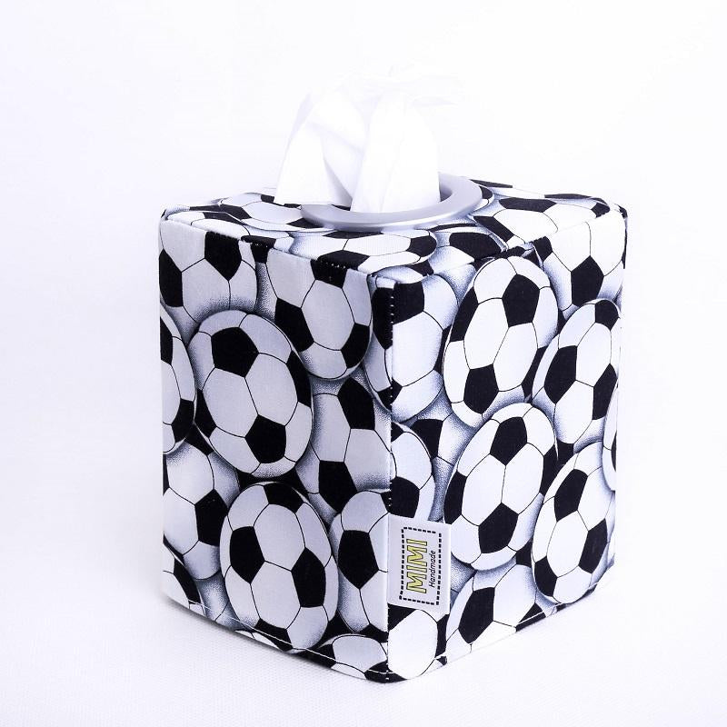 monochrome football soccer ball square tissue box cover, hand made in Australia by MIMI Handmade Baskets