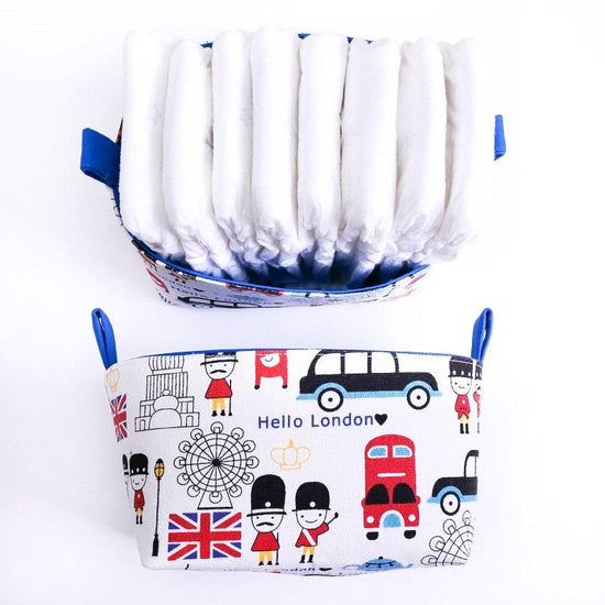 blue rectangular storage baskets with nappies for London theme Nursery kids children bedroom, made in Australia by MIMI Handmade Baskets