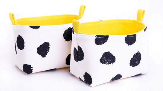 Set of 2 JOY storage baskets by MIMI Handmade Baskets| black dots yellow cheetah print | handcrafted in Australia