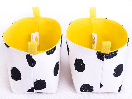Side view of set of 2 JOY storage baskets by MIMI Handmade Baskets| black dots yellow cheetah print | handcrafted in Australia
