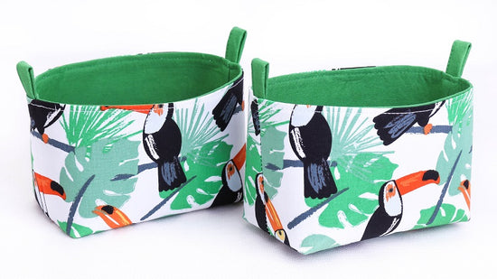 Load image into Gallery viewer, Set of two green tropical toucan fabric decorative storage baskets by MIMI Handmade
