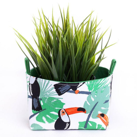 Load image into Gallery viewer, Green tropical decor toucan fabric decorative storage basket plant pouch by MIMI Handmade

