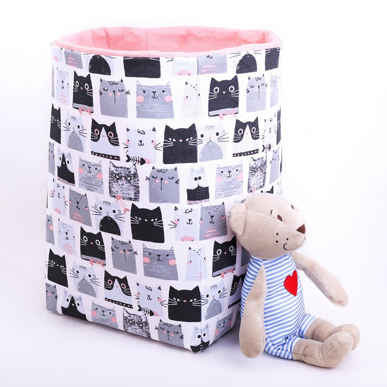 large reversible basket, monochrome cats print, pastel pink, toy storage box