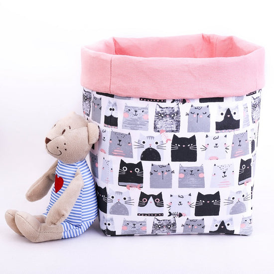large reversible basket, black and grey cats, pastel pink, toy storage box