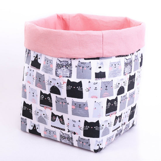 Load image into Gallery viewer, large reversible basket with cute black and grey cats, pastel pink top fold, toy storage box
