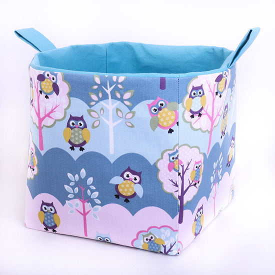 Large-blue-owl-cube-storage-basket-27x27x27cm-woodland-nursery-decor