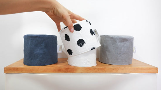 Modern toilet roll cover by MIMI Handmade Baskets - luxury 5 star bathroom linen grey blue black dots