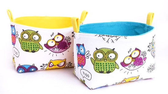 set of small storage baskets for kids room featuring funny owls fabric pattern handmade in Australia by MIMI Handmade