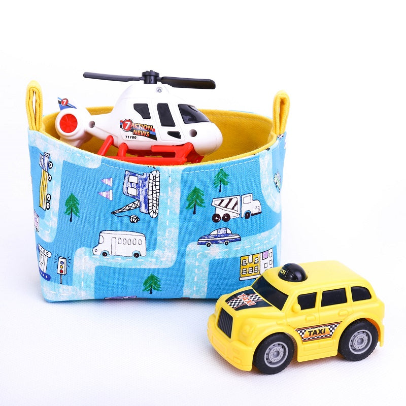 Load image into Gallery viewer, Small blue and yellow storage basket for boys, storage for small cars, toys organiser made by MIMI Handmade Baskets Australia
