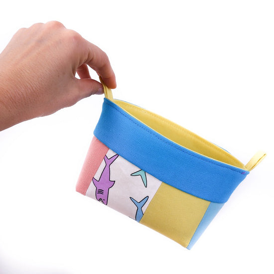 Small multicolour shark fabric storage basket for kids, pink, yellow, blue organiser, ARLEQUIN OOAK Collection by MIMI Handmade Baskets Australia
