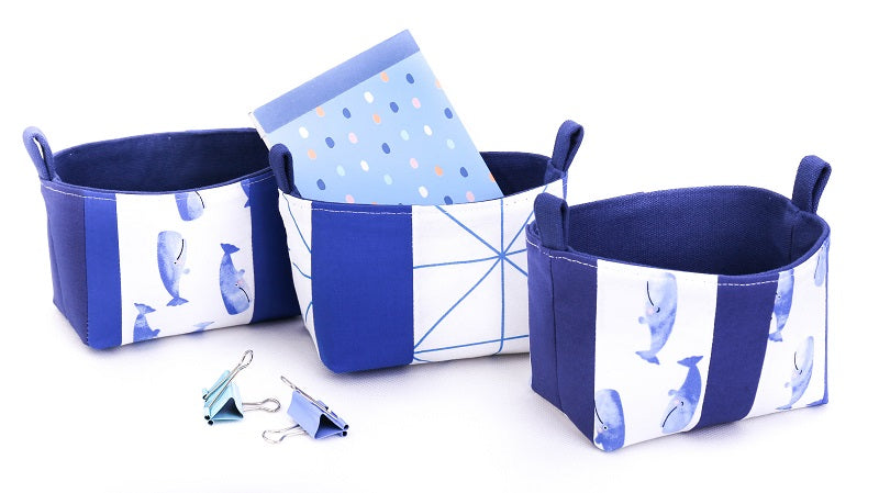 Set of 3 small whale dark blue fabric organisers storage baskets with notepad, foldback clips, patchwork OOAK Collection by MIMI Handmade Baskets Australia