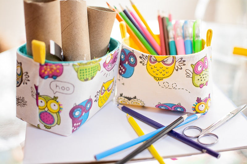Load image into Gallery viewer, set of 2 craft storage baskets for kids featuring funny owls fabric pattern handmade in Australia by MIMI Handmade
