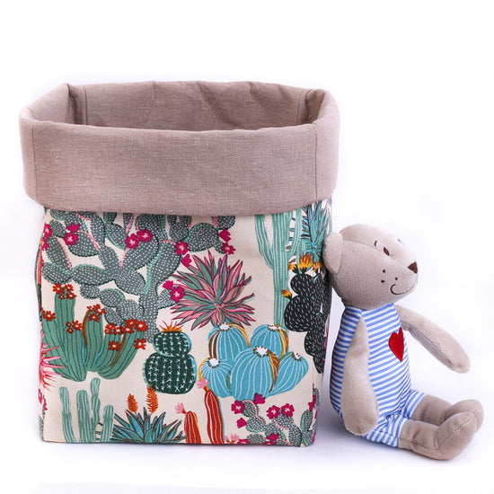 Load image into Gallery viewer, beige canvas fabric toy storage basket with cactus pattern
